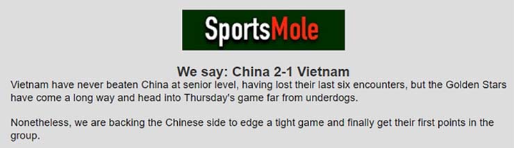 Chuyên gia James Mackenzie dự đoán Trung Quốc đánh bại Việt Nam với tỷ số 2-1