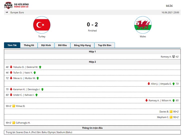 Kết quả Thổ Nhĩ Kỳ vs Wales 0-2
