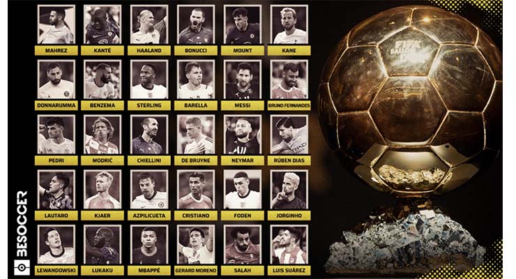 Danh sách 30 ứng viên cho Quả bóng vàng 2021 gồm Lewandowski, Mbappe, Neymar, Ronaldo, Messi, Foden, Mount, Pedri, Barella,...